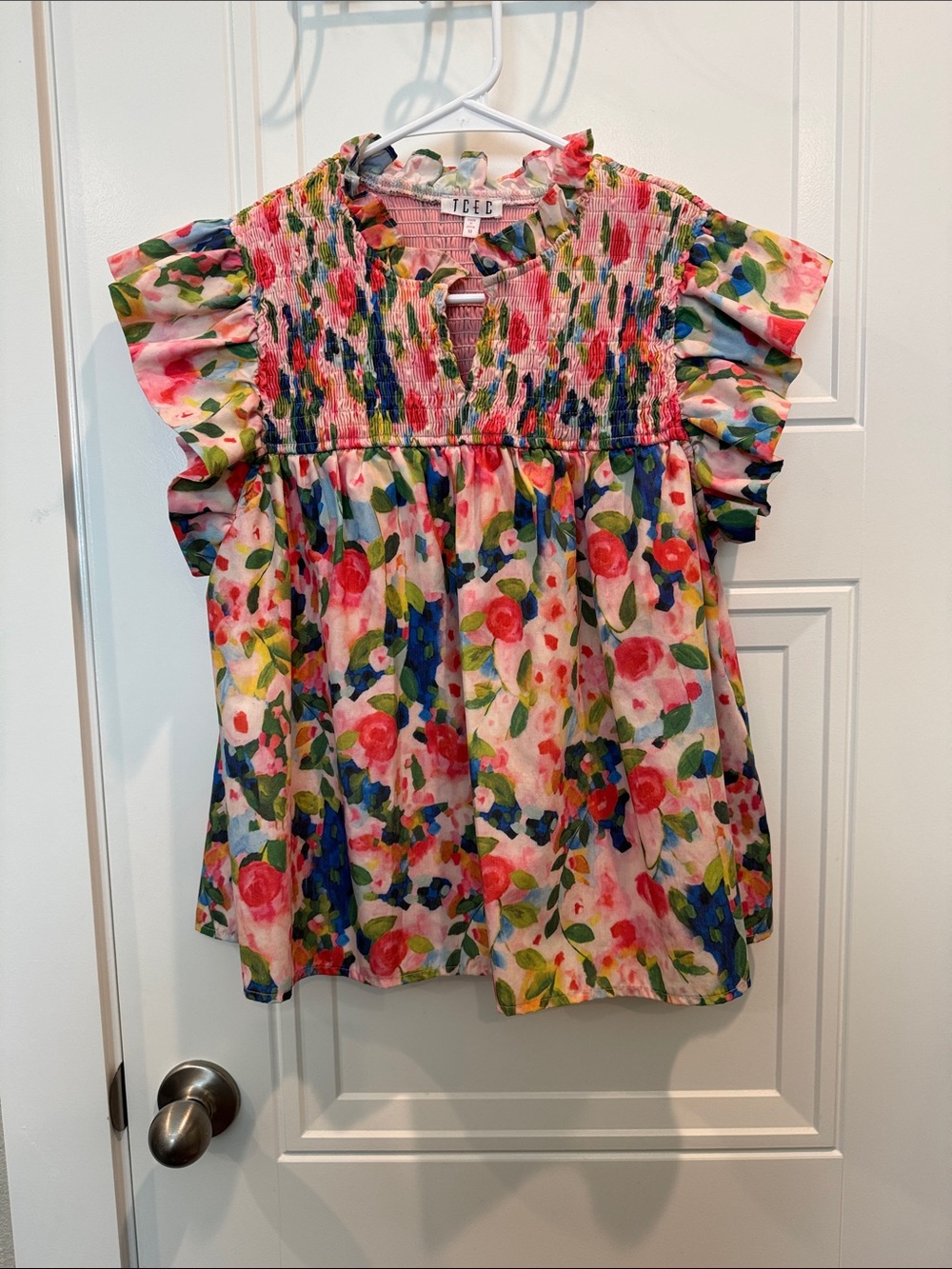 TCEC Pink Multi Floral Smocked Flutter Sleeve Blouse